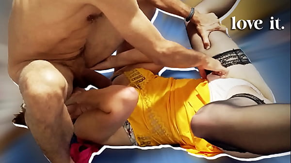 1685 – French Amateur, Yellow Satin Dress, Satin White Thong, Satin Bra, Heels, Stockings, Doggystyle, Blowjob, Rimming