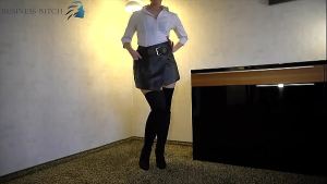 business bitch in leather skirt and overknees – blowjob and sex ends with cum on her slutty face, business-bitch