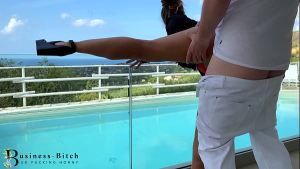 real estate businesswoman risky outdoor fucked in public – luxury mansion and pool area, business-bitch