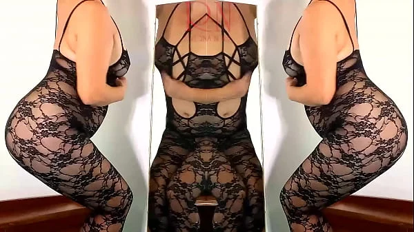 Black fishnet bodystocking. Slut in front of mirror posing in black mesh body lingerie Sexy lingerie. MIX