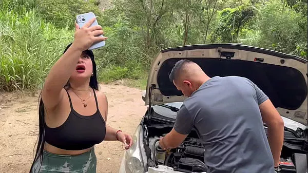 Curvy Colombian babe gets her car damaged and asks for help from a stranger who convinces her to fuck outdoors and swallow his cum! Antonella Jones