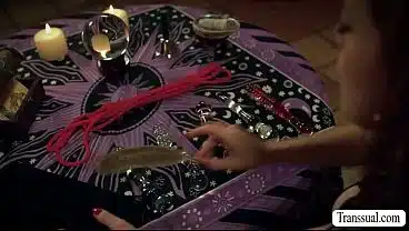 Busty witch summons two shemale and get fucked