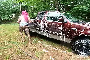 Gigantic Fake Tits Crossdresser Car Wash