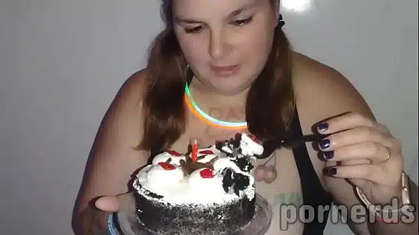 Nasty slut Scarlett eats 11 loads on her Birthday Cake at adult video arcade!