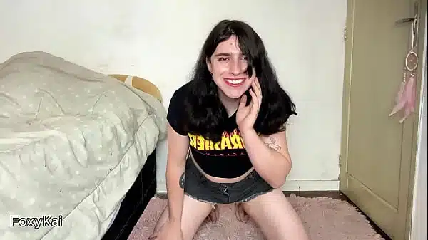 Trans Girl Humiliates Tiny Dick While Stroking Big Cock to Cum