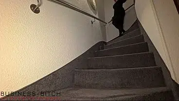 business woman in sexy nylon and heels taken by boss cock on stairs after work – business-bitch