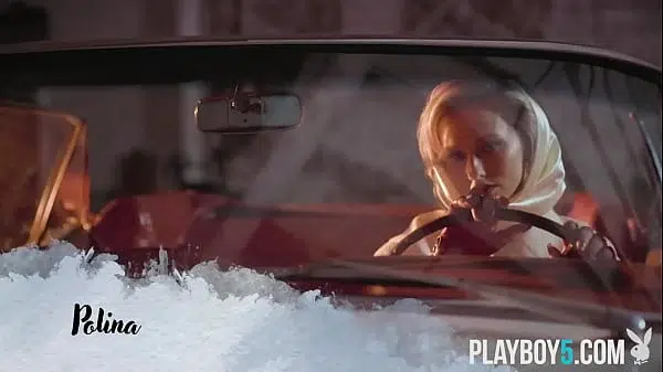 Petite blonde MILF with ass Polina striptease on top of a car