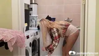 College roommate gets dick while doing laundry