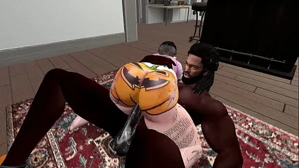 Second Life Black man fucks white woman at a halloween house party halloween special