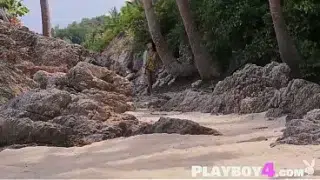Sexy big tits Thai teen Kahlisa solo striptease on the beach for Playboy