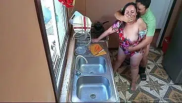 Stepmom fucked hard in the kitchen with big ass and soft tits Real amateur