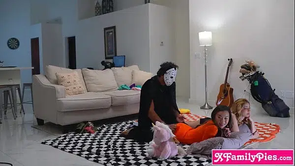 Tiny stepsister and BFF halloween party watching scary movies