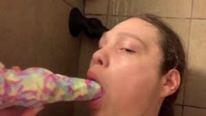 18 year old kisses and sucks their new bad dragon horse dildo all the way to the knot