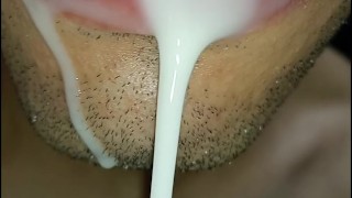 cum in my mouth, I play with your cum, and I swallow it, closeup, naughty gay, tongue, sloopy
