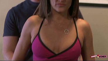 Mature brunette slut fucks her trainer on the couch after a sweaty workout