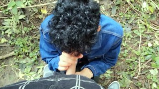 Twink on his knees sucks dick and gets cum on face and mouth public