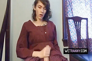 Brunette Tgirl Strokes Her Cock 8 Min